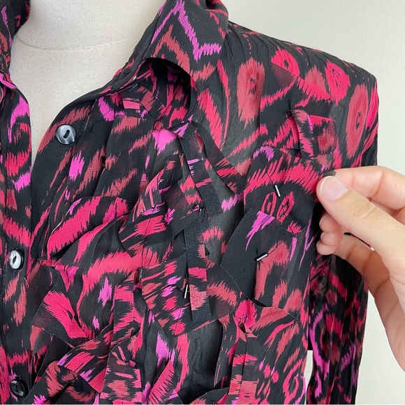 Elementz Black Red Beaded Ruffle Blouse Top Geometric Retro Women Size Large - Picture 4 of 6